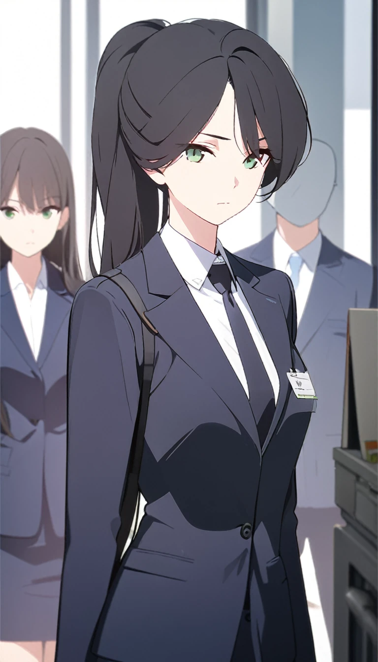 (masterpiece, high quality, best quality, highres,) One Woman, young, black hair, ponytail, Green Eyes, Athletic build, expressionless, closed mouth, office staff suit, Simple white background, standing, cowboy shot, (from the front)