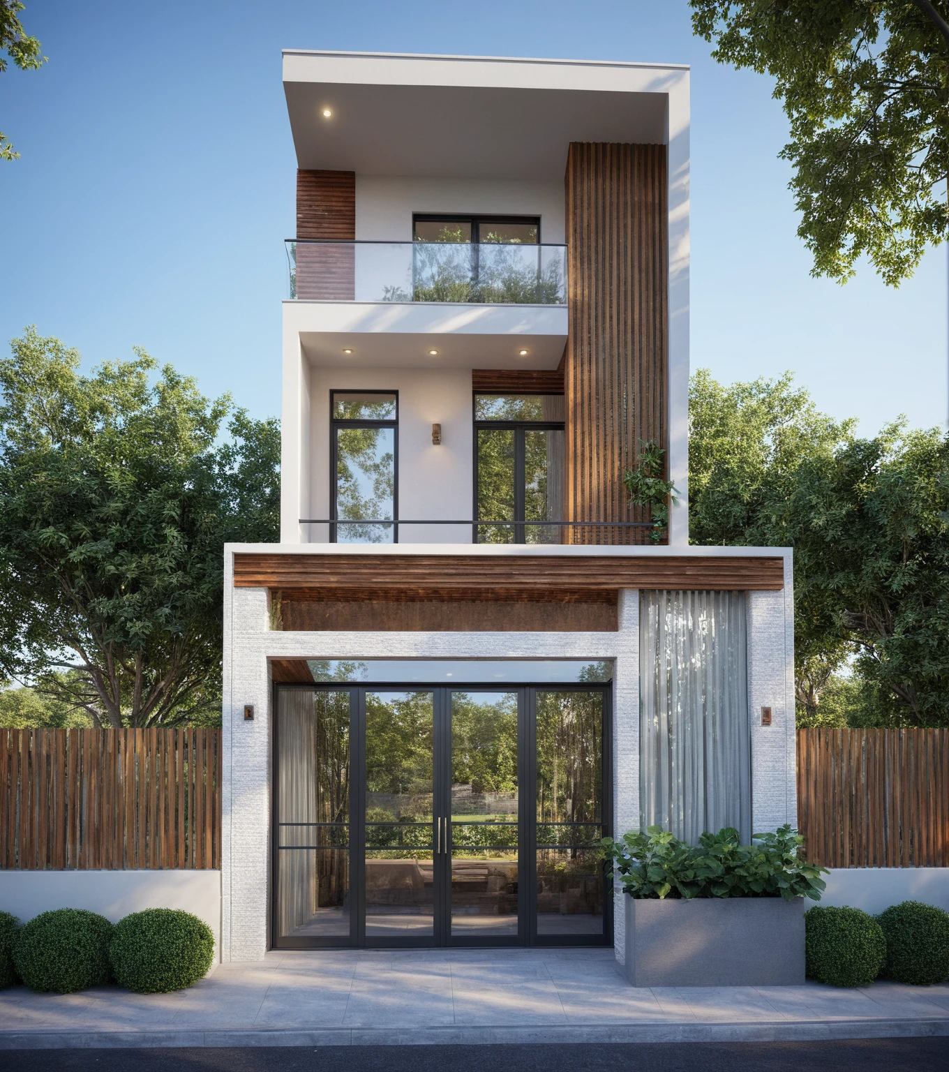 townhouse, (modern style:1.2), open roof top sky, exterior design, perspective view, (white wall:1.3), (block sidewalks and asphalt roads), (day sky background), Low trees around the house, (the house next door is lower than the subject designer's house), (mid day), (Neutral lighting is suitable for the townhouse, light color thermometer lighting), (architectural design visualization), (reflection), (focus on object), (material normal bump real reflection), (scattered light), (light ray), (multi-beam light), (sunbeam) (multi-level reflection), (chao vantage software visualization render),(((Best Quality))), ((Masterpiece)), ((best illustration)), ((best shadows)), ((Super Detail)), (Intricate lines), (Photorealism),(hyper detail), ((archdaily)), ((award winning design)), (dynamic light), ((day)), spotlight, (perfect light), (shimering light), ((photorealistic)), ((intricate detail)), ((extreme detail)), ((crazy detail)), ((octane render)), ((trending on artstation)), ((High-fidelity)), ((Viwvid)), ((Crisp)), ((Bright)), ((Stunning)), ((Eye-catching)), ((High-quality)),((Sharp))((Bright)), ((Stunning)), ((natural sun environment)), ((Eye-catching)), ((Illuminating)), ((Flawless)), ((High-quality)),((Sharp edge render)), ((medium soft lighting)), ((photographic render)), ((detailed archviz)), ((reality environment)), (modern townhouse design architectural design facade), (modern townhouse facade roof design), (modern townhouse facade wall design), (modern townhouse facade decoration material design) (townhouse facade door and window design modern), (environmental lighting design), (modern townhouse facade lighting design), (modern townhouse front gate and fence design), (Design lights for gate posts and fences), (townhouse facade railing design), (level of photo realism, depends on lighting, materials, composition, Real-Time Rendering, based on chao vantage timage rendering graphics software)