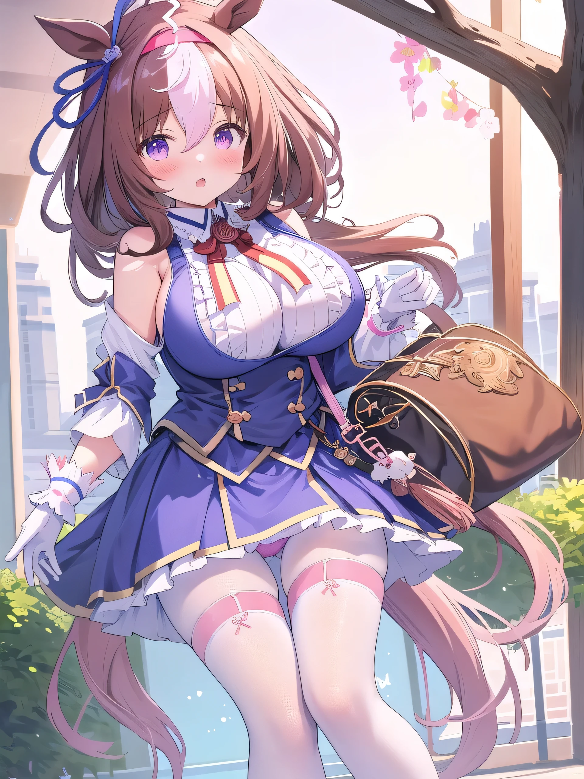 masterpiece, Highest quality, One girl, Meishi 0d0t0, Blue Skirt, shirt, Horse tail, Blue clothes, blue ear ribbon, ribbon, White legwear, frilled shirt collar, White gloves, Pink Hairband, White Pantyhose, Shoulder bag、(Huge breasts:1.4)、Sit with your legs apart、Cute Panties
