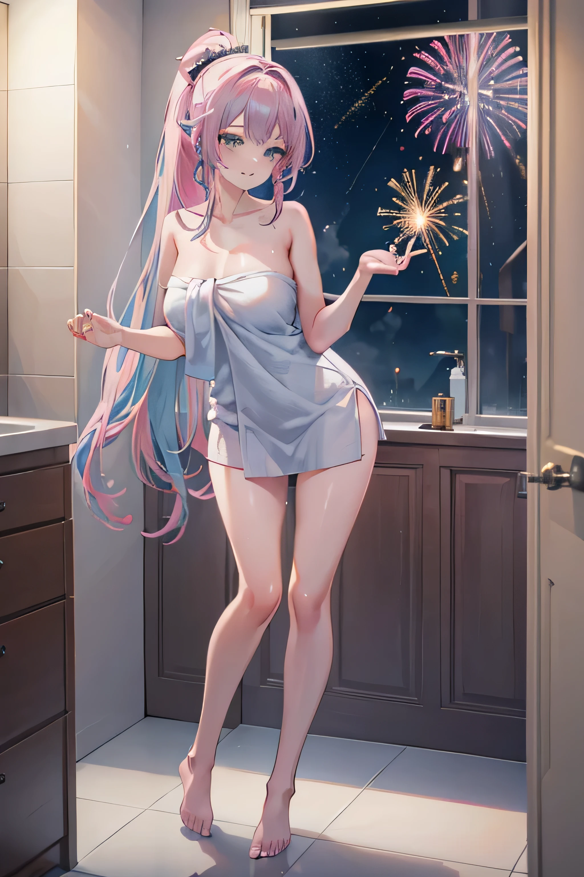 full body, masterpiece, 8k, ultra HD, sharp focus, details hair, beautiful hair, details face, beautiful detail eye, details pupil, perfect hand, vibrant colours, soft lighting.

1girl, long hair, ponytail, light blue-pink hair, dark green eyes, large breast, wrap with towel, very sexy, sex pose, smile, bare foot.

in bathroom, standing, beside shower, night, window fireworks at sky, beautiful fireworks, nice clouds 