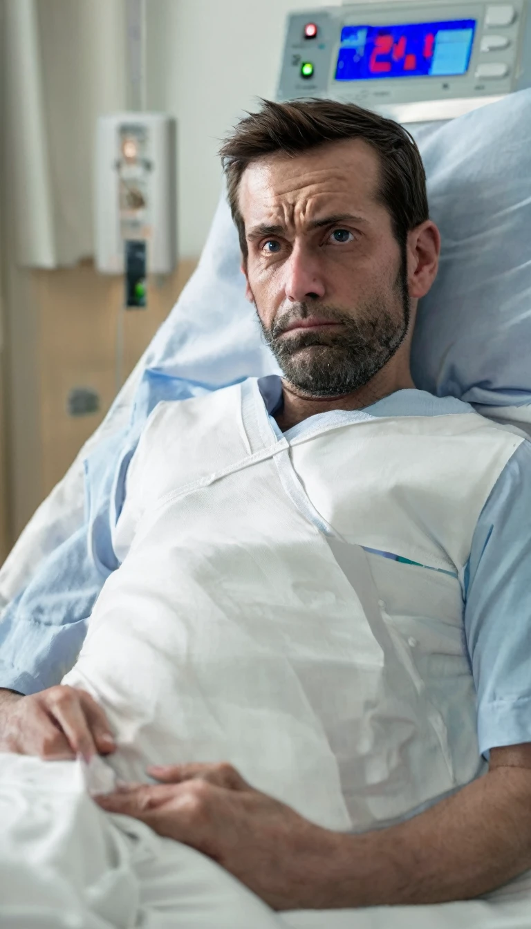 A 35-year-old European man wearing hospital clothes was sitting on a hospital bed, his eyes angry