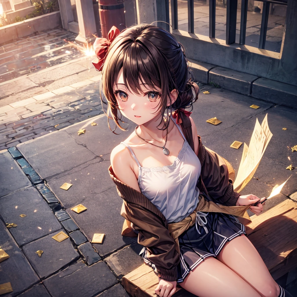 red, brown, Money, Money hair、Money色の目、Hair tied up、One beautiful girl、alone、anime、Checked mini skirt、Ruffles on skirts、camisole、camisole、Lightweight cardigan、Black knee-high socks、Wear a baseball cap、Wear a ribbon、Ribbon on waist、Teeth are visible、Sunset sky、Cumulonimbus、Silver coin necklace、Shine、From above、Sparks fly、tunnel、Cobblestones、Sitting on the stairs
