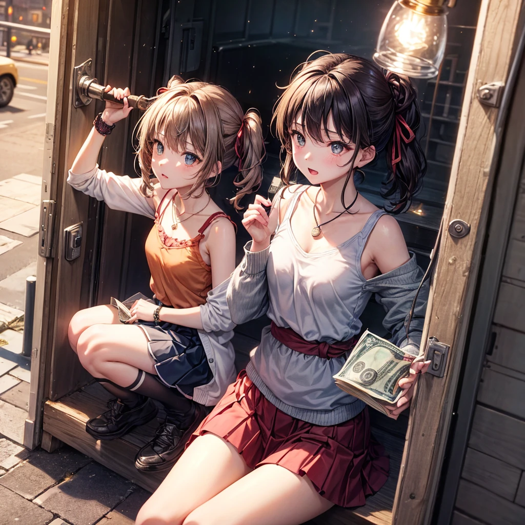 red, brown, Money, Money hair、Money色の目、Hair tied up、One beautiful girl、alone、anime、Checked mini skirt、Ruffles on skirts、camisole、camisole、Lightweight cardigan、Black knee-high socks、Wear a baseball cap、Wear a ribbon、Ribbon on waist、Teeth are visible、Sunset sky、Cumulonimbus、Silver coin necklace、Shine、From above、Sparks fly、tunnel、Cobblestones、Sitting on the stairs