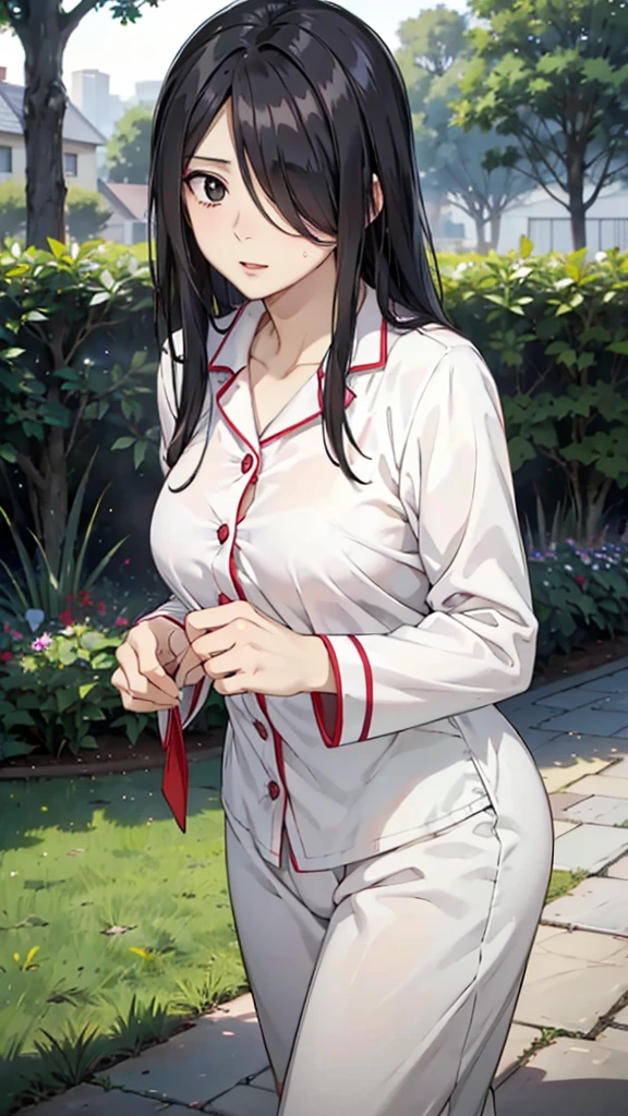 Cute mommy, mature women, realistic skin,perfect ,black hair, long hair, (hair over one eye:1.4), messy hair, hair between eyes, pajama,sweating,perspire,cute expression , garden,under tree