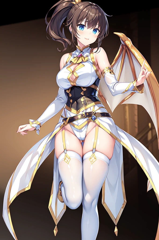 1girl,solo,(full body),(standard height),(standing:1.2),(from front1.2),(shoot from front:1.2),(front view:1.4),(brown hair:1.2),short hair,(ponytail:1.2),(blue eyes:1.2),(beautiful fingers:1.4),(perfect anatomy:1.4),(arms_behind_back:1.4),(cold_shoulder:1.2),BREAK,(yellow leather lace glossy silk lamé leotard:1.6),(latex luster shiny glossy metallic:1.6),(shiny_clothes:1.6),(small breasts1.2),(thin thighs:1.4),(yellow dragon wings),(branched reindeer horns),yellow dragon tail,(yellow dragon tail grown from tailbone:1.2),masterpiece,best quality,(Ultra high definition eyes:1.2),8k,(Beautiful detailed eyes:1.2),(Fine and beautiful eyes:1.2),(pretty eyes:1.2),finely detail,extremely CG, absurdres,high resolution,illustration,Detailed and beautiful outlines,finely detail,high resolution,(colorful refraction:1.4,Increase saturation:1.2),beautiful lighting,dynamic lighting,closed room,black background,simple background, smile,looking at viewer,suzuka ichinose, drapri,dragon girl,(white Clear PVC sheets sleeves:1.4),(sheer sleeves:1.4),(see-through sleeves:1.4),(wide sleeves:1.2),(pure white thigh boots:1.2)