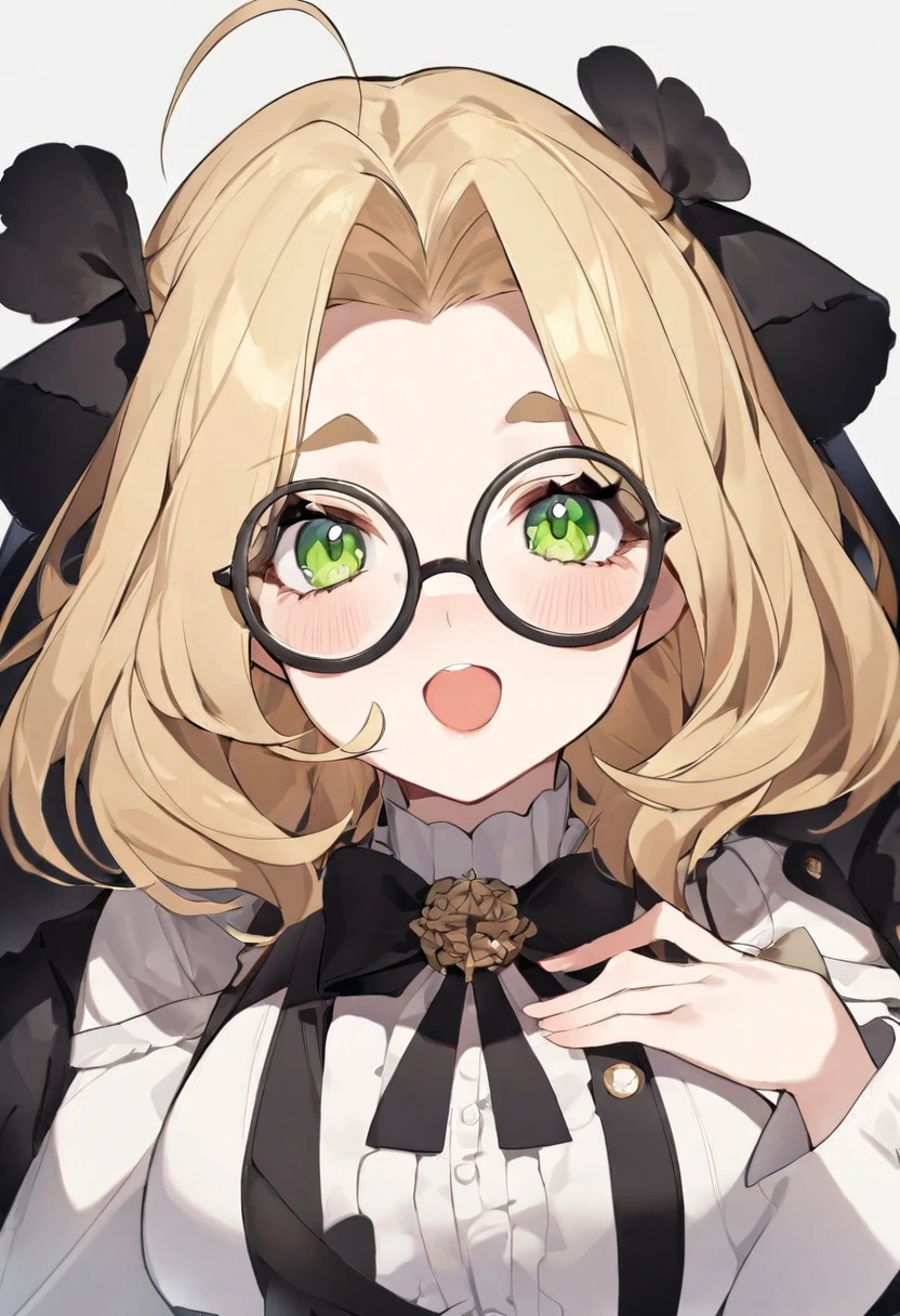 chubby girl, Blonde with green eyes, medium length hair, round facial features, glasses with black square frames Ball gown, royal crown