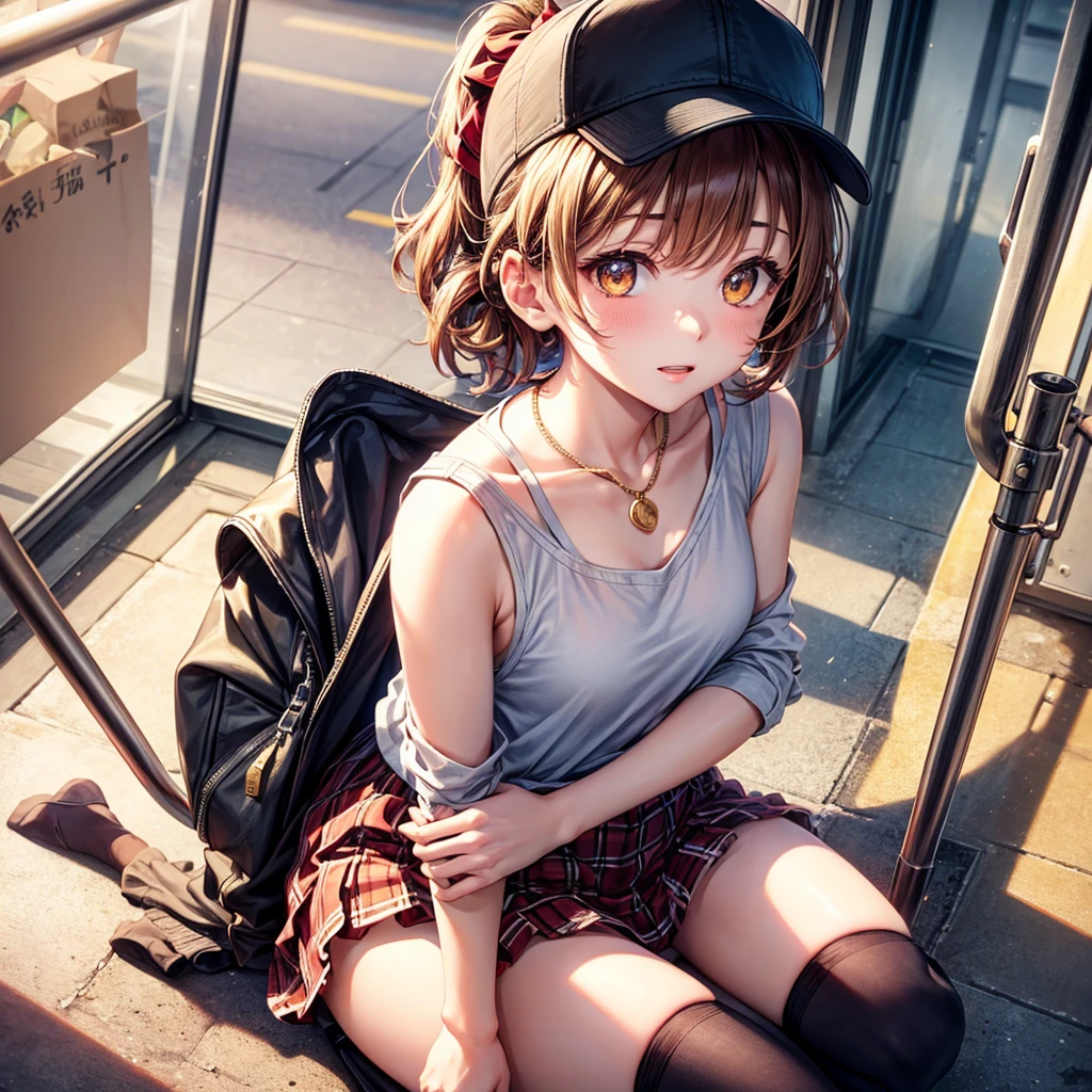 Red, brown, gold, gold hair、Golden Eyes、Hair tied up、One good looking girl、solo、anime、Checkered mini skirt、Ruffles on the skirt、camisole、camisole、Lightweight cardigan、Black knee-high socks、Wearing a baseball cap、Ribbon、Ribbon on waist、Teeth are visible、Sunset sky、Cumulonimbus、Silver coin necklace、shine、From above、Sparks are flying、tunnel、Cobblestones、Sitting on the stairs