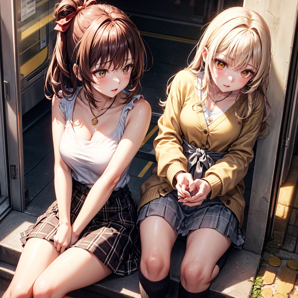 Red, brown, gold, gold hair、Golden Eyes、Hair tied up、One good looking girl、solo、anime、Checkered mini skirt、Ruffles on the skirt、camisole、camisole、Lightweight cardigan、Black knee-high socks、Wearing a baseball cap、Wearing a ribbon、Ribbon on waist、Teeth are visible、Sunset sky、Cumulonimbus、Silver coin necklace、shine、From above、Sparks are flying、tunnel、Cobblestones、Sitting in a chair