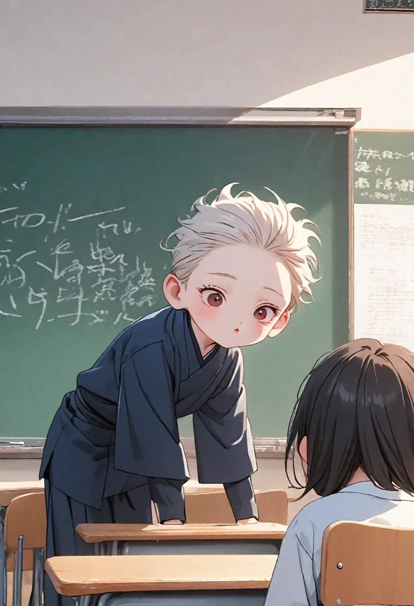 Highest quality, movie image quality, cute with a good face in the classroom, desk, chair, blackboard, classmate with (, little , cute), Jujutsu Kaisen style