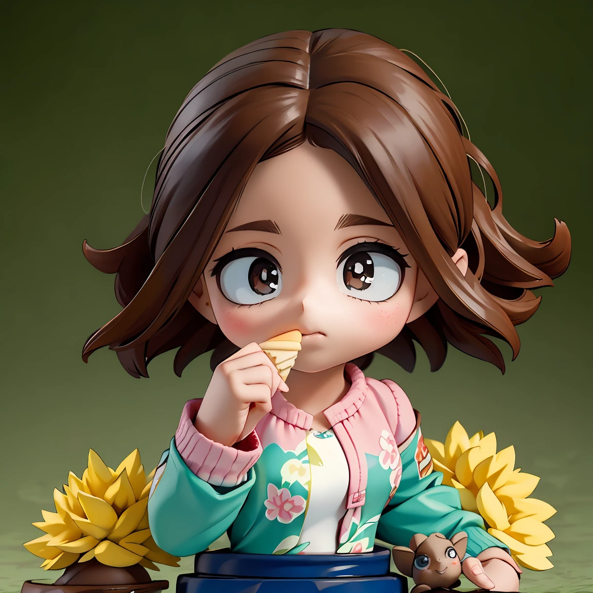 (8K, RAW Photos, Highest quality, masterpiece:1.2), High-quality RAW color photos, Professional photography, Cinematic Light, ((Chibi Character, Nendoroid)), Exquisite design,One girl, Brown Hair、shoulder-length hair、 Fashionable clothes, Long sleeve, , Curly Hair, Drooping eyebrows, Upper Body, View your viewers, squat, From below,Eat soft serve ice cream、Worried brow、From below,