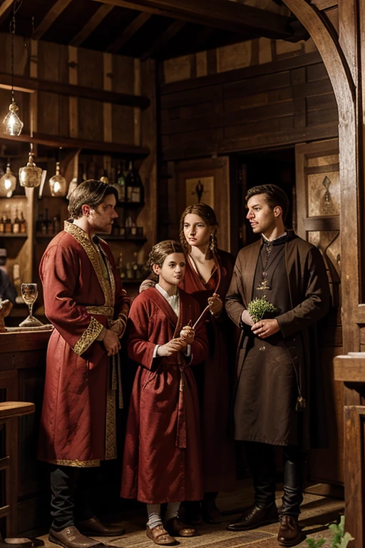 Please draw a medieval European style painting，There are four people in the painting，Knight with a spear（male，27 years old)
Newsboy holding a clover（male，13 years old）
The Tavern Owner Wearing Diamonds（male，65 years old）
Priest in red robe（female，25 years old）