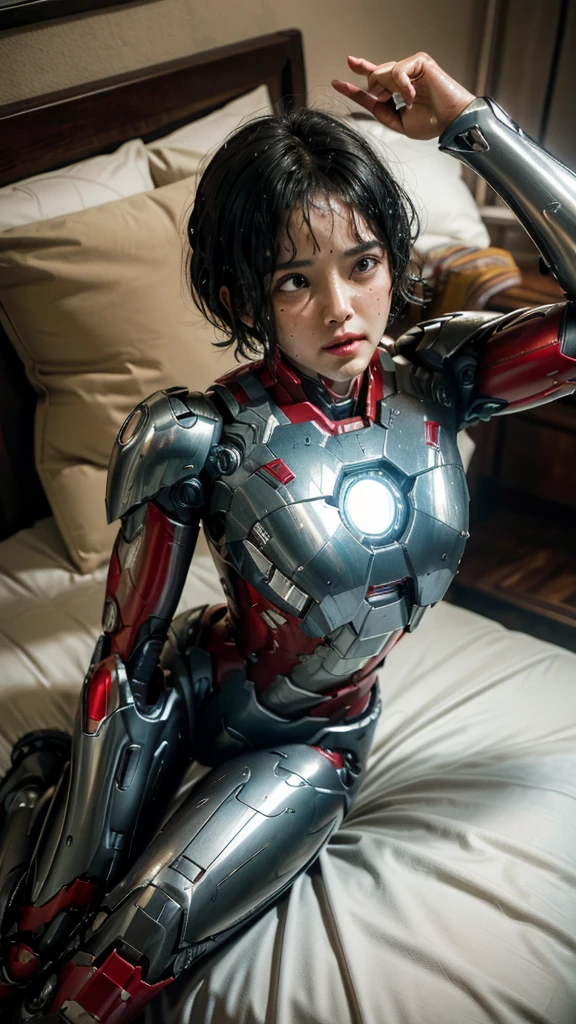 Highest quality 8k Iron Man Suit Girl Middle-aged women Sweaty face cute short hair boyish Steam coming out of my head My hair is wet with sweat The feel of black hair Full body portrait My upper body is soaked I can see the vagina Lying in bed