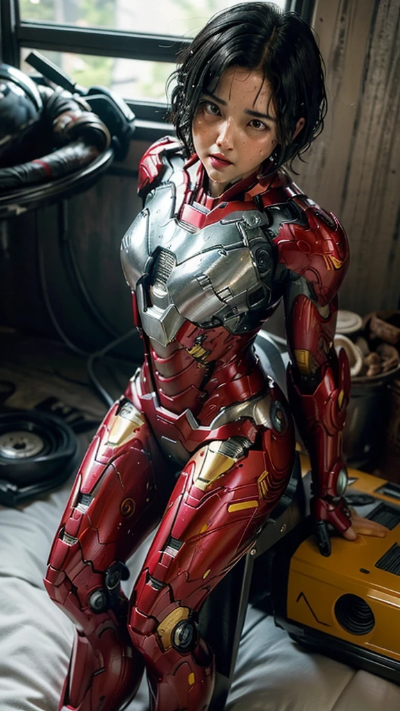 Highest quality　8k Iron Man Suit Girl　Middle-aged women　Sweaty face　cute　short hair　boyish　Steam coming out of my head　My hair is wet with sweat　The feel of black hair　Full body portrait　My upper body is soaked　 　I can see the vagina　Lying in bed