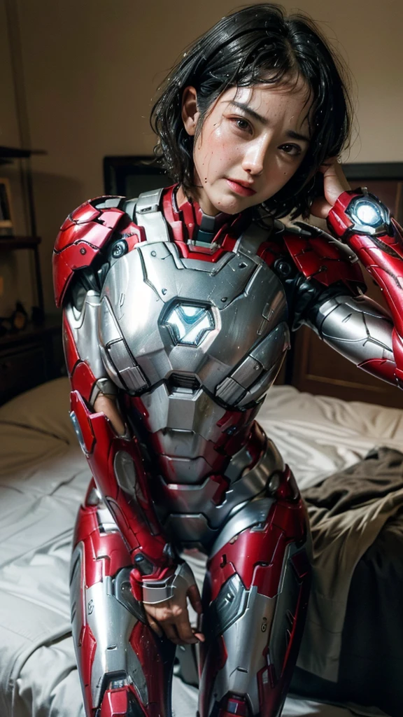 Highest quality 8k Iron Man Suit Girl Middle-aged women Sweaty face cute short hair boyish Steam coming out of my head My hair is wet with sweat The feel of black hair Full body portrait My upper body is soaked I can see the vagina Lying in bed