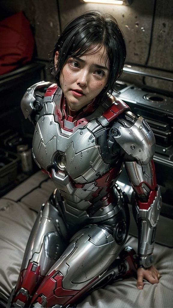 Highest quality 8k Iron Man Suit Girl Middle-aged women Sweaty face cute short hair boyish Steam coming out of my head My hair is wet with sweat The feel of black hair Full body portrait My upper body is soaked I can see the vagina Lying in bed