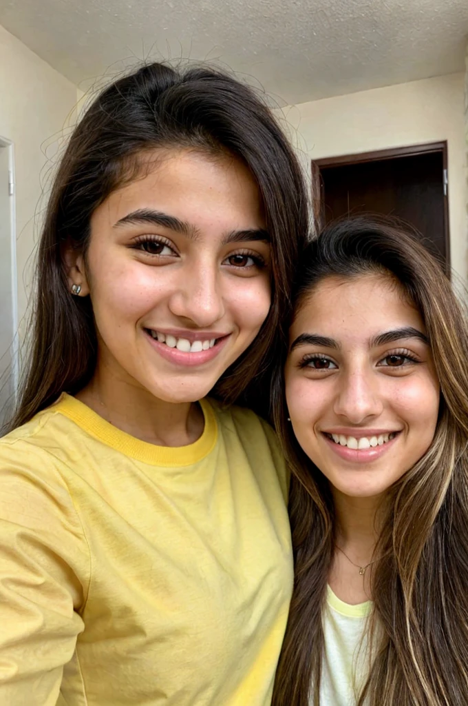 20YO, small nose, one women,attractive, Jordanian, Arab, Bright Yellow shirt, cute smile, cute face, white teethes, skinny face, light brown eyes, black/blonde long hair, modest