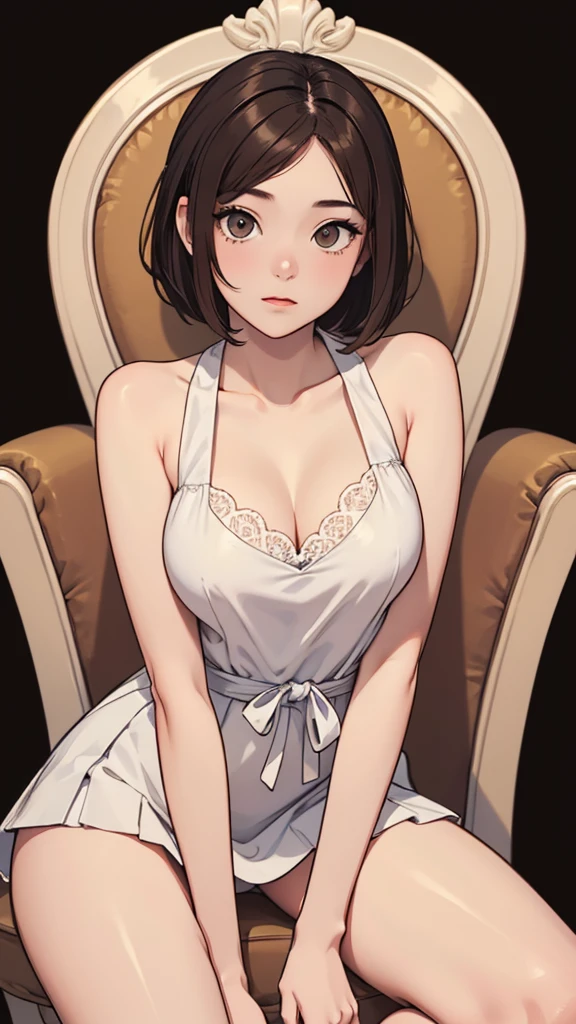 (((masterpiece, best quality, ultra highres, 1 girl, solo, no background))), super detailed skin and face and eyes and finger, beautiful japanese woman, small breasts:1.5, skinny, light brown hair, white background, very short hair, (an illustration of girl), Knee shot, Generate with illustrations, Various expressions, Various poses, Various Costumes, spread legs, Please draw the entire character within the frame, ensuring that the head, arms, and legs are not cut off. The background should be simple, with the character positioned centrally,