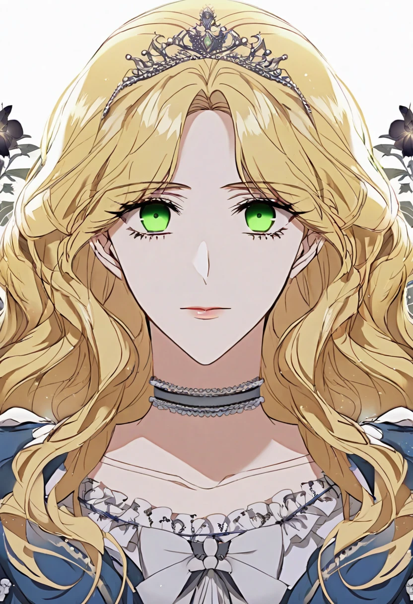 shoujo-style, floral background, romance manhwa, 1girl, blonde hair, solo, long hair, flower, dress, tiara, white dress, gloves, long sleeves, choker, green eyes, mascara, makeup, white gloves, black bow, black flower, wavy hair, bow, jewelry, looking at viewer, white background, collarbone, puffy sleeves, silver accessories, upper body, parted bangs, very long hair, blue dress, frills, bangs, closed mouth, detailed eyes, close up, gleaming skin, shiny glossy skin