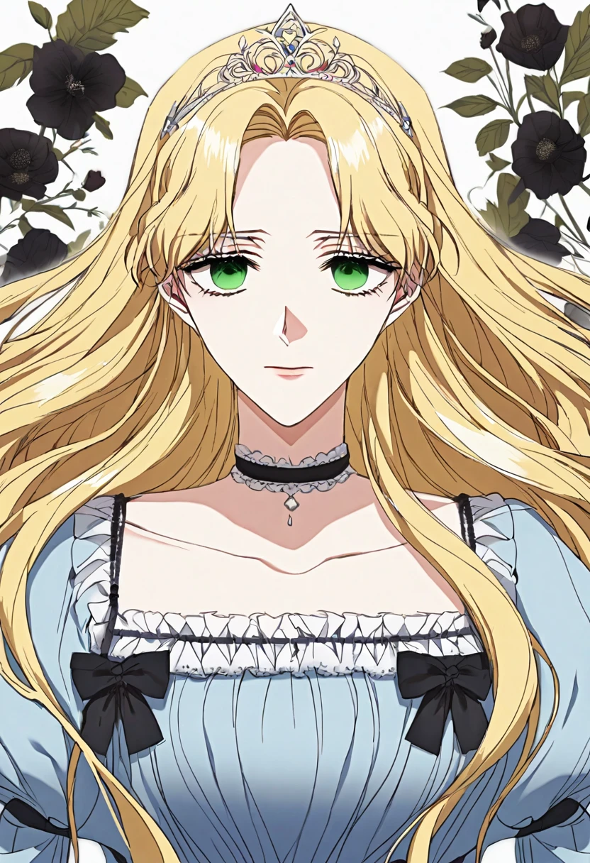 shoujo-style, floral background, romance manhwa, 1girl, blonde hair, solo, long hair, flower, dress, tiara, white dress, gloves, long sleeves, choker, green eyes, mascara, makeup, white gloves, black bow, black flower, wavy hair, bow, jewelry, looking at viewer, white background, collarbone, puffy sleeves, silver accessories, upper body, parted bangs, very long hair, blue dress, frills, bangs, closed mouth, detailed eyes, close up, gleaming skin, shiny glossy skin