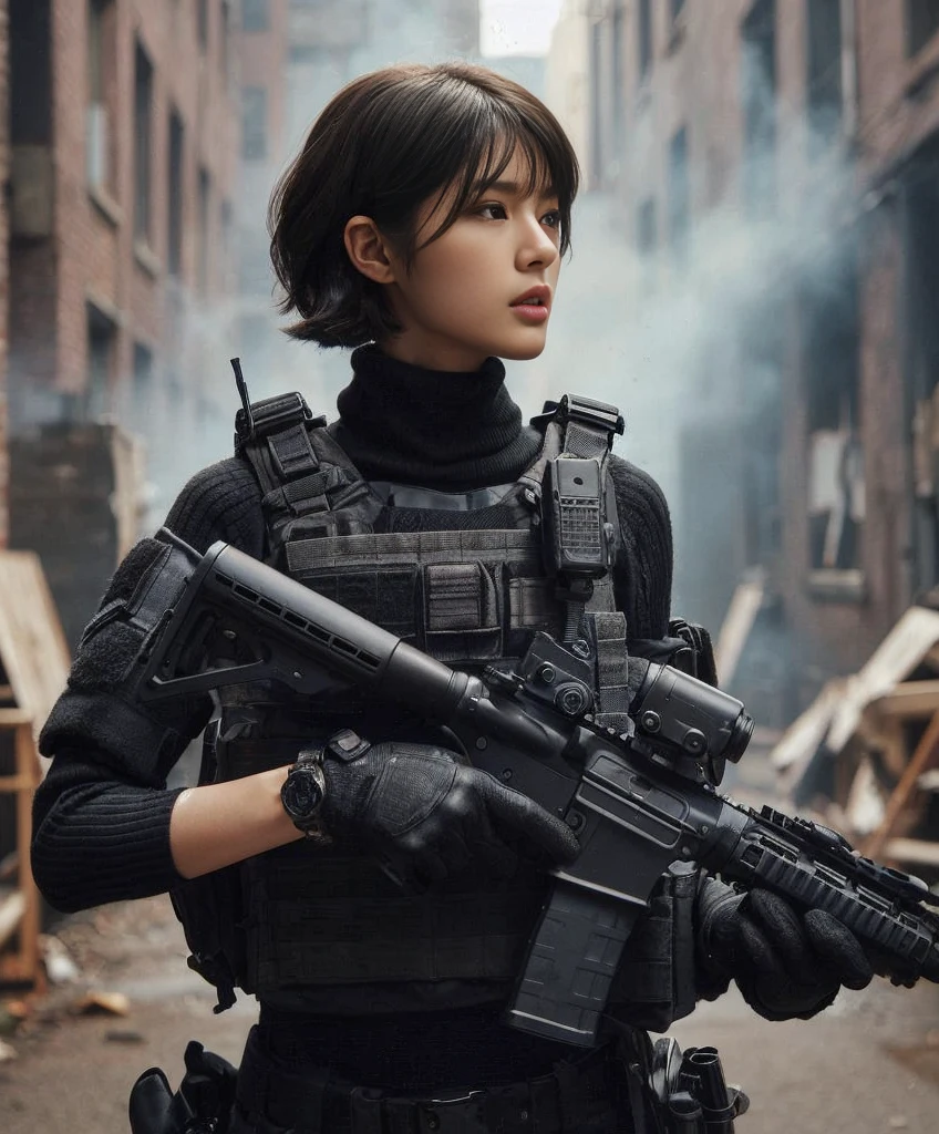 a beautiful japanese woman in swat uniform, realistic skin texture, superrealism, 8k, detailed black tactical gear, assault rifle, bulletproof vest, wrist watch, short hair, dynamic pose, in an urban setting with old buildings, smoke and destruction