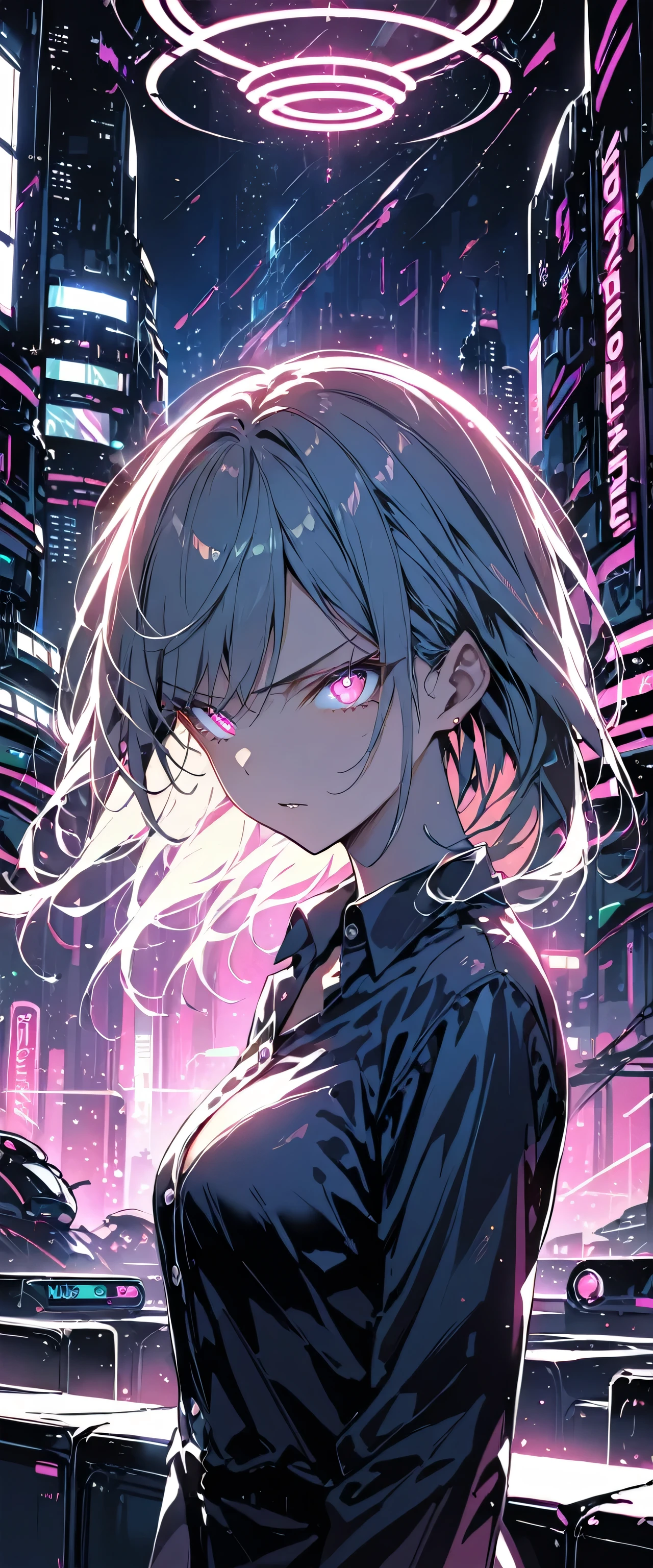 16K, High resolution, RTTX 10.0, Ray Tracing, Natural light, Absurd, Top quality masterpiece, Perfect anatomy and highly detailed face, Fine grain, One girl, alone, Wearing a business suit, shirt, Open the top button, Beautiful Hair, very beautiful, Edgy, nice, Evil Aura, the wind is strong, Glowing Eyes, Serious expression, dystopian city, Futuristic, Detailed Background, Awards, Neon Light, Talked about at the art station