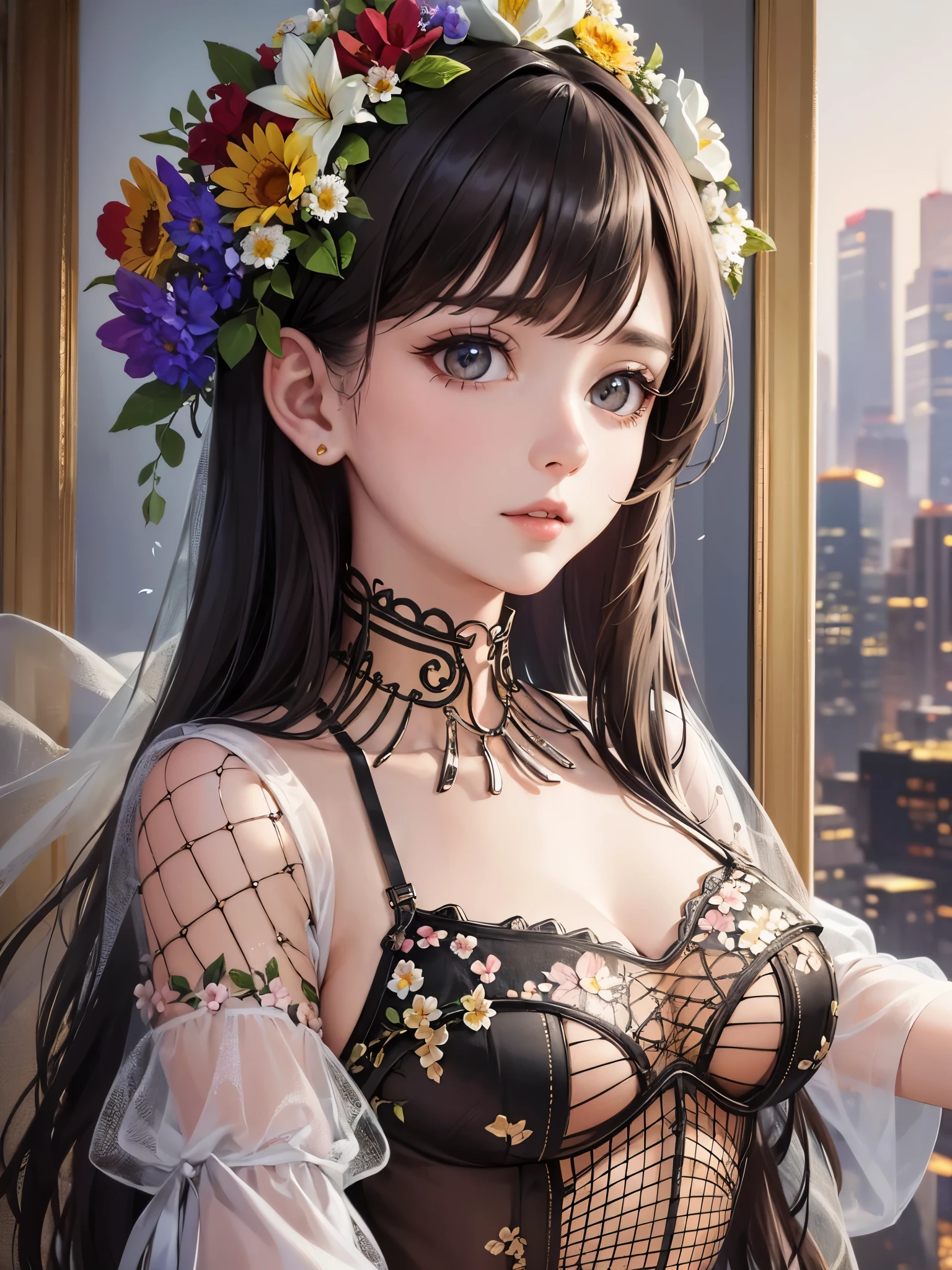 ((Highest quality)),(Ultra-high resolution),(Very detailed),(Detailed Description),((The best CG)),(A masterpiece),Ultra-detailed art,Amazing painting art,(Art with precise detail:1.5), (Adult female:1.6),(Beautiful and well-proportioned face:1.3),(dress:1.6), (Flower cage:1.8)
