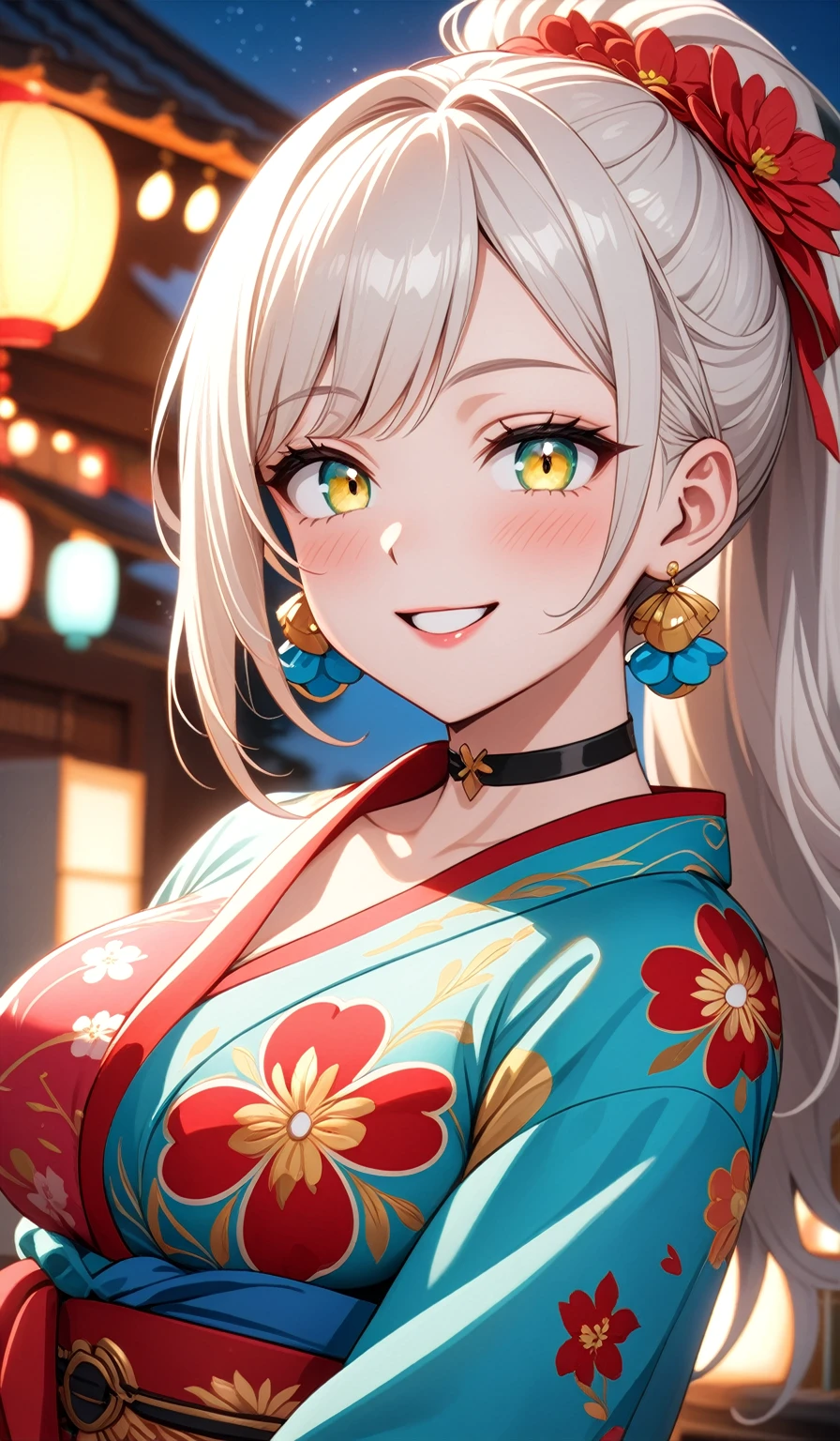 ((one person woman)), Beautiful Face, ((looking outside:1.8)),Laughing embarrassedly,((wink:1.8)),Laugh with your mouth wide open((Bright red cheeks:1.4)),Glossy pink lips,night,rooftop,Festive decorations,You can see the ocean, firework,Laughing with your mouth open,Glossy pink lips,Lighting on the face,((Anime style background)),masterpiece, Highest quality, so beautiful,Latest, complex details, (Pink long nails),(ring),(bracelet),(choker),AI-generated, complex,High resolution, Highest quality, super high quality,3D Images、3D Images,one person,Long blonde hair,High Ponytail,(Turquoise Eyes),Anime woman posing for a photo, ((Fine grain、Colorful Eyes、Shining Eyes:1.4)),(Squint your eyes:1.1),a hyperRealistic , hyperRealistic , Realistic,Anime woman with long and white hair, Smooth anime CG art, A woman in a colorful kimono with gold embroidery, (Pink long sleeve kimono),Red floral pattern,Long flower hair ornament,big floral earrings,Mature Body,(Big Breasts:1.1),Tall,Abdominal muscles,Narrow waist,(Zoom in on face:1.6),Shooting from below at an angle