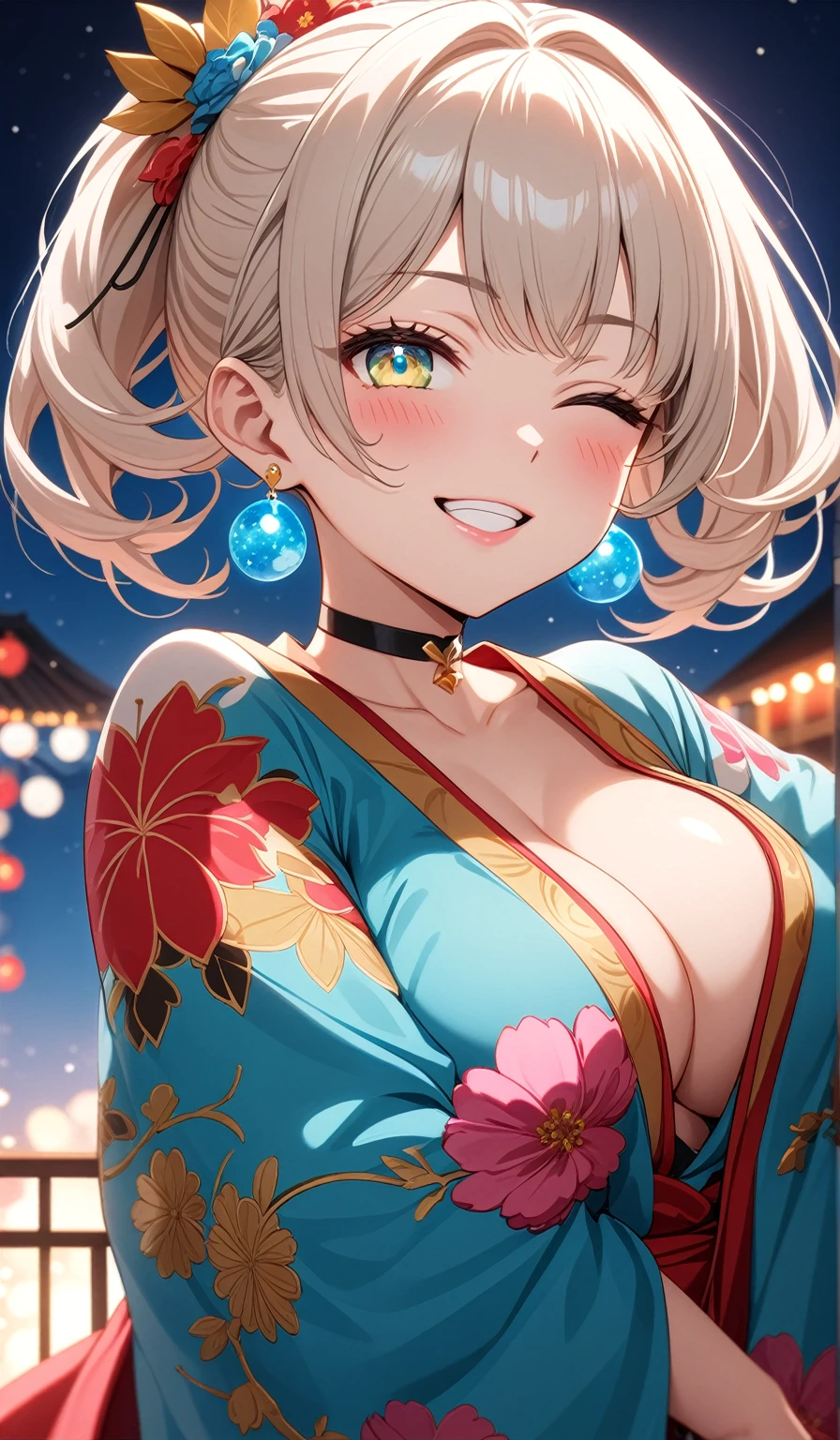 ((One personの女性)), Beautiful Face,Laughing shyly,((Wink:2.0)),Laugh with your mouth wide open((Bright red cheeks:1.4)),Glossy pink lips,night,rooftop,Festive decorations,You can see the ocean, firework,Laughing with your mouth open,Glossy pink lips,Lighting on the face,((Anime style background)),masterpiece, Highest quality, so beautiful,Latest, Complex details, (Pink long nails),(ring),(bracelet),(choker),AI-generated, Complex,High resolution, Highest quality, super high quality,3D Images、View your viewers、3D Images,One person,Long blonde hair,High Ponytail,(turquoise blueの目),Anime woman posing for a photo, ((Fine grain、turquoise blue、Yellow colorful eyes、Shining Eyes:1.4)),(Squint your eyes:1.1),a hyperRealistic , hyperRealistic , Realistic,Anime woman with long and white hair, Smooth anime CG art, A woman in a colorful kimono with gold embroidery, (Pink long sleeve kimono),Red floral pattern,Long flower hair ornament,big floral earrings,Mature Body,(Big Breasts:1.1),Tall,Abdominal muscles,Narrow waist,(Zoom in on face:1.7),Shooting from below at an angle