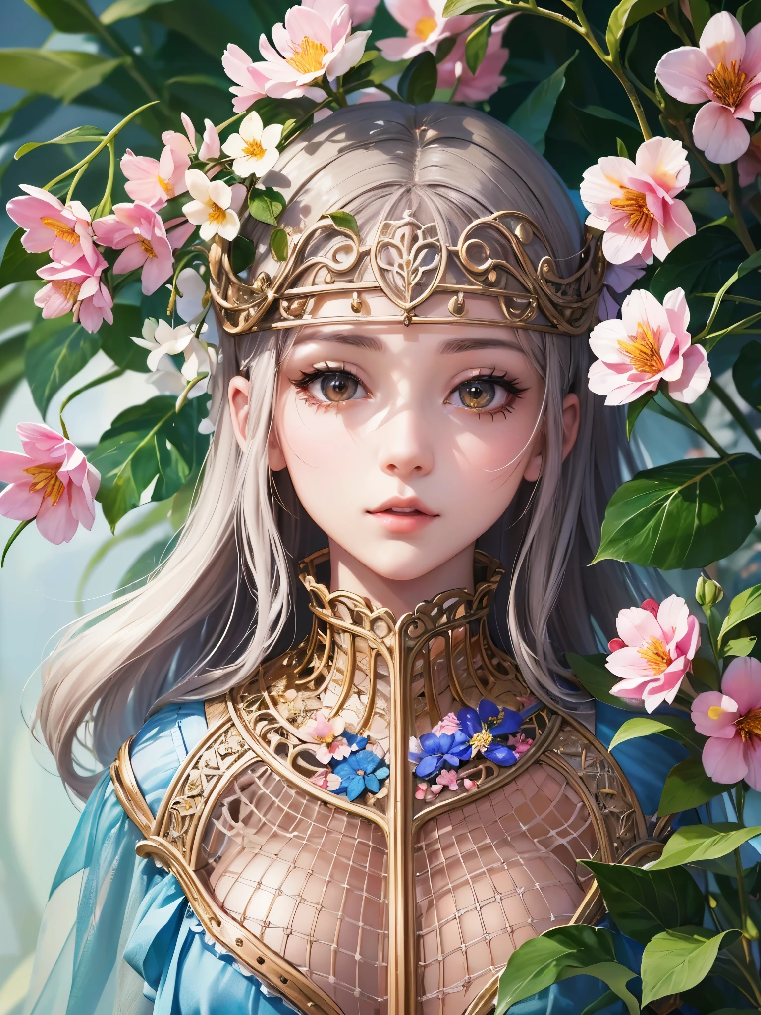 ((Highest quality)),(Ultra-high resolution),(Very detailed),(Detailed Description),((The best CG)),(A masterpiece),Ultra-detailed art,Amazing painting art,(Art with precise detail:1.5), (Adult female:1.6),(Beautiful and well-proportioned face:1.3),(dress:1.6), (Flower cage:1.8)