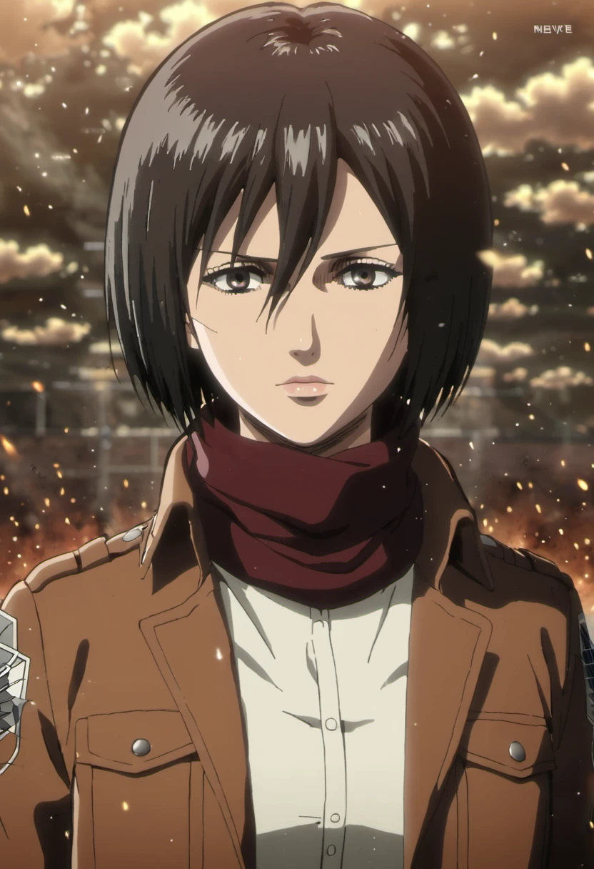 1girl, solo, looking at viewer, short hair, bangs, shirt, black hair, hair between eyes, brown eyes, closed mouth, jacket, white shirt, upper body, artist name, scarf, open jacket, lips, wind, portrait, red scarf, brown jacket, nose, emblem, paradis military uniform, embers, survey corps (emblem), mikasa ackerman, 3D, sparkle