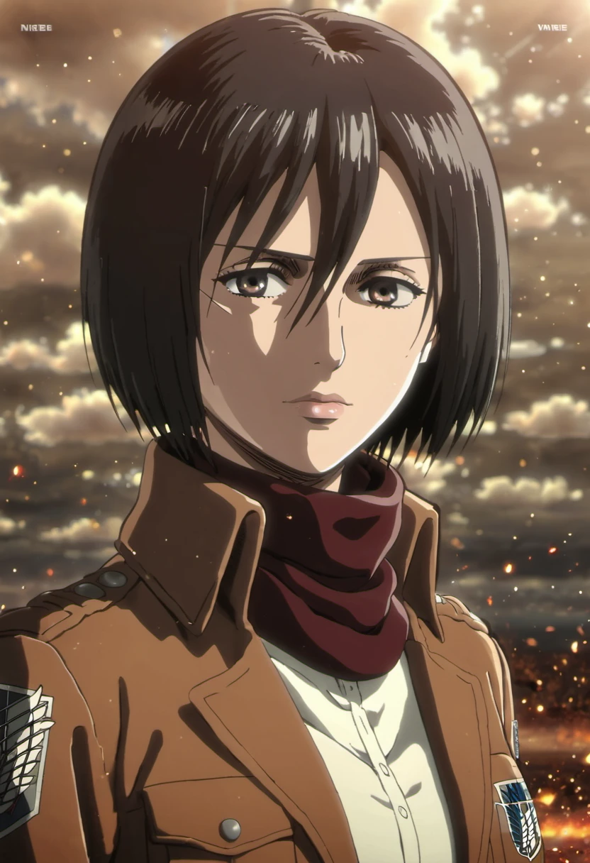 1girl, solo, looking at viewer, short hair, bangs, shirt, black hair, hair between eyes, brown eyes, closed mouth, jacket, white shirt, upper body, artist name, scarf, open jacket, lips, wind, portrait, red scarf, brown jacket, nose, emblem, paradis military uniform, embers, survey corps (emblem), mikasa ackerman, 3D, sparkle