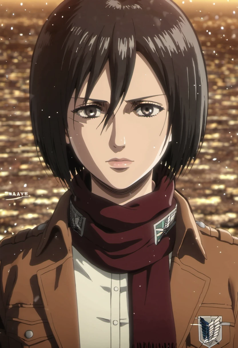 1girl, solo, looking at viewer, short hair, bangs, shirt, black hair, hair between eyes, brown eyes, closed mouth, jacket, white shirt, upper body, artist name, scarf, open jacket, lips, wind, portrait, red scarf, brown jacket, nose, emblem, paradis military uniform, embers, survey corps (emblem), mikasa ackerman, 3D, sparkle