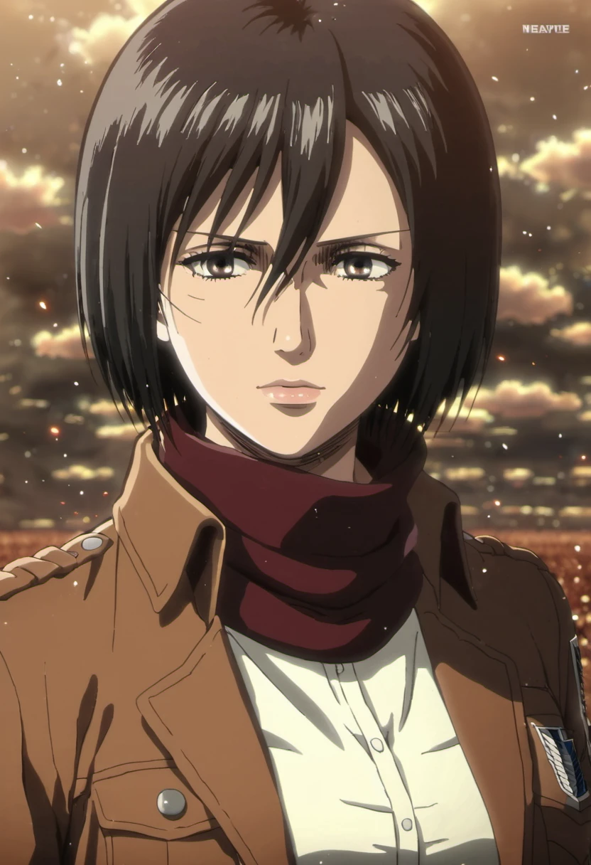 1girl, solo, looking at viewer, short hair, bangs, shirt, black hair, hair between eyes, brown eyes, closed mouth, jacket, white shirt, upper body, artist name, scarf, open jacket, lips, wind, portrait, red scarf, brown jacket, nose, emblem, paradis military uniform, embers, survey corps (emblem), mikasa ackerman, 3D, sparkle