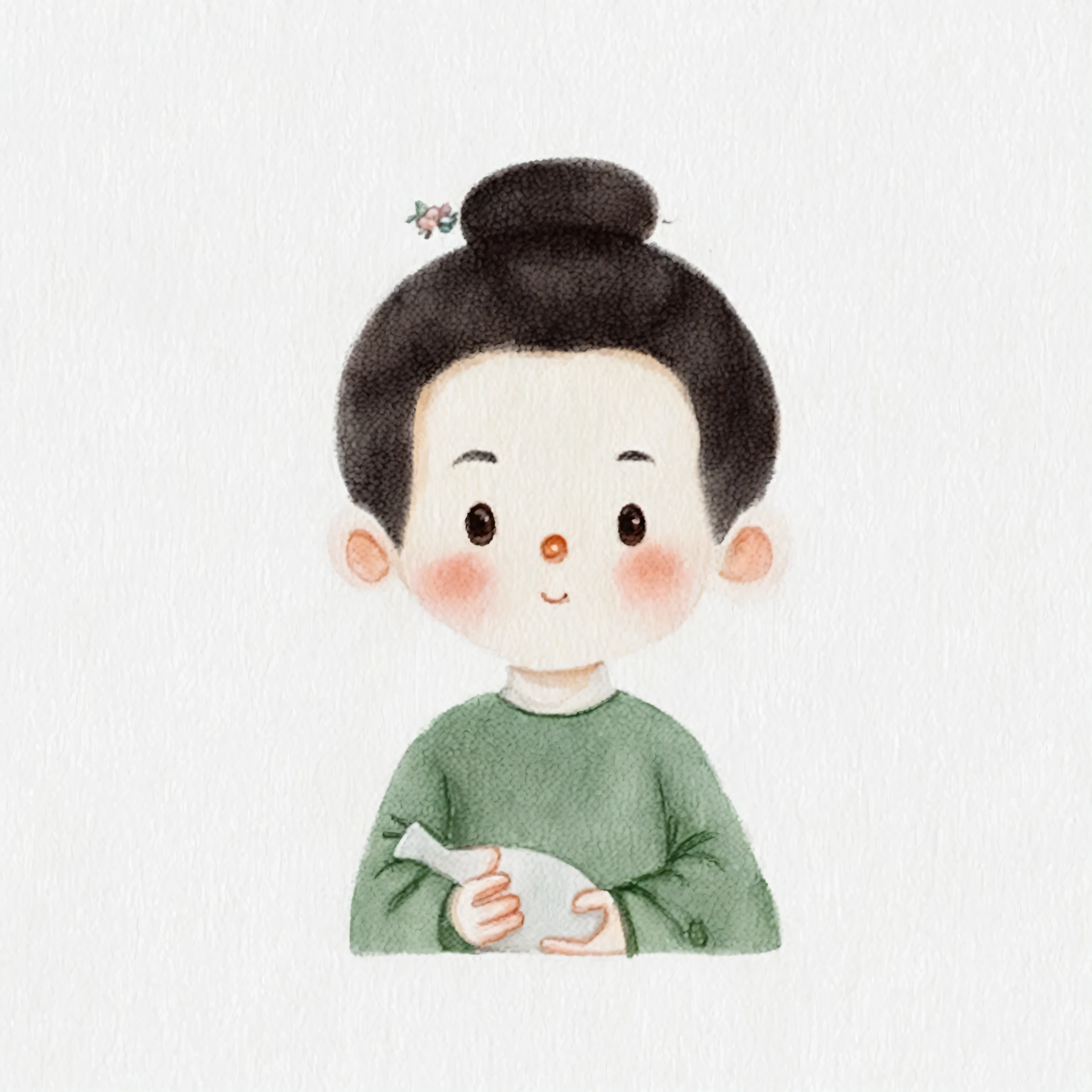 There was a  boy holding a plate of food, Cute illustrations, Cute cartoon characters, Lovely characters, Watercolor illustration style, Portrait of a littlen, High-quality character design, Hand drawn cartoon art style, author：Xia Gui, Lovely art style, Lovely and detailed digital art, Chinese watercolor style, High quality portrait, Children&#39;s illustrations