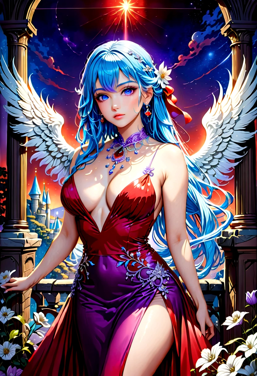 Arafed, a picture of a female angel in high society prom event, divine beautiful feminine angel, (blue hair: 1.4), long hair, flowing hair, the hair glows in a soft light, cerulean eyes, deep light eyes, divine feminine face, she wears a ((purple and red evening dress: 1.5)), elegant, intricate detailed dress, silk dress, small , ((dress is decorated with white flowers: 1.4)), she wears elegant knee high heeled boots, exquisite knee high heeled boots, she stands on the porch of a fantasy castle, dynamic angle, soft torch light, (Masterpiece: 1.5), 16k, highres, best quality, high details, ultra detailed, masterpiece, best quality, (extremely detailed), AngelStyle, angel_wings, Angel, flower dress, Intense gaze
