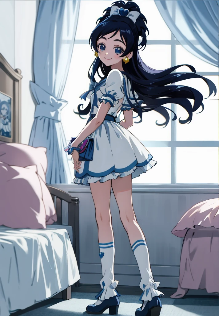 Yukishiro_Honoka, 1girl, smile, my room,casual clothes,socks,miniskirt,standing,smile,looking viewer