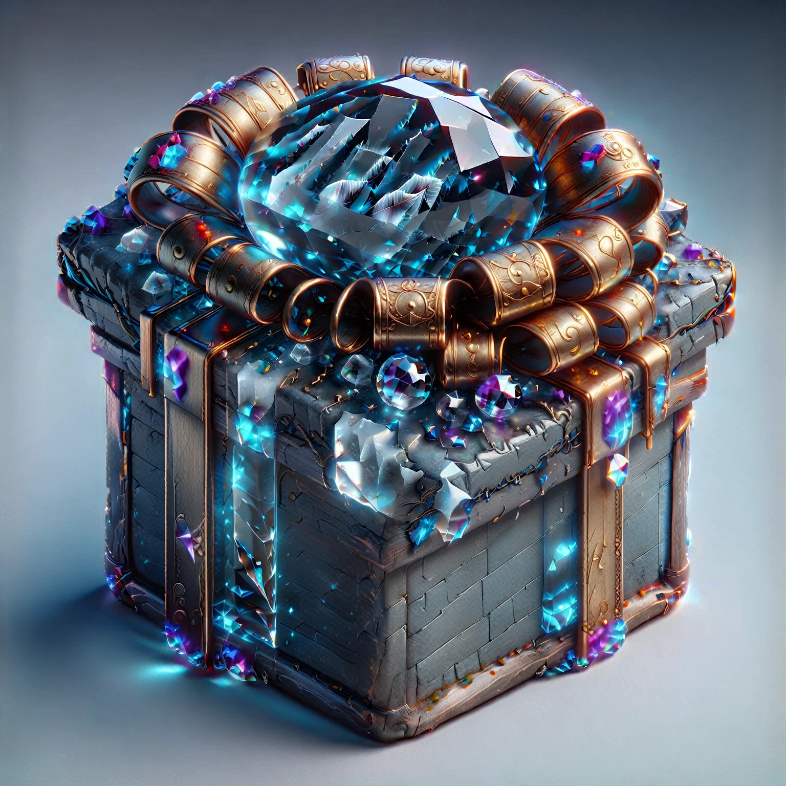 Gift Box，There is a crystal ball on it, Magic Items, , Dark Style的Gift Box 镶嵌宝石, 8k high quality detailed art, , Sci-fi magic medieval style very detailed, object concept art, Fantasy Game Spells, Game UI icons, Concept Art Magic Highlights，Dark Style 