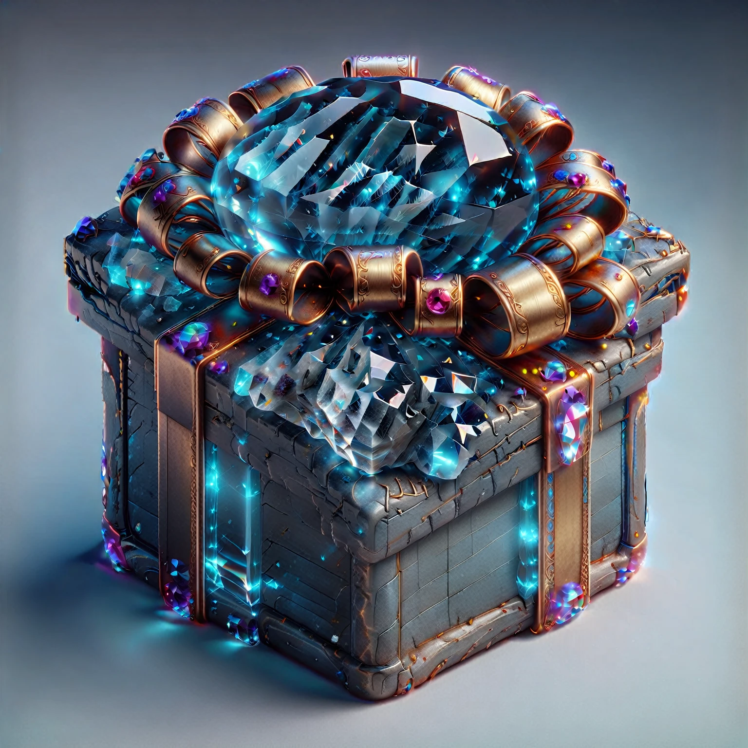 Gift Box，There is a crystal ball on it, Magic Items, , Dark Style的Gift Box 镶嵌宝石, 8k high quality detailed art, , Sci-fi magic medieval style very detailed, object concept art, Fantasy Game Spells, Game UI icons, Concept Art Magic Highlights，Dark Style 