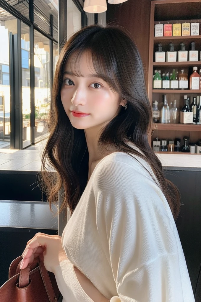 1girl in、in 8K、Raw photography、top-quality、masterpiece、realisitic、Photorealsitic、1girl in、Daytown、Pulling photo、de pele branca、Inside the shop、warm light、Longhaire、a bar counter、Sheer sunlight、The city of Tokyo、pretty skin