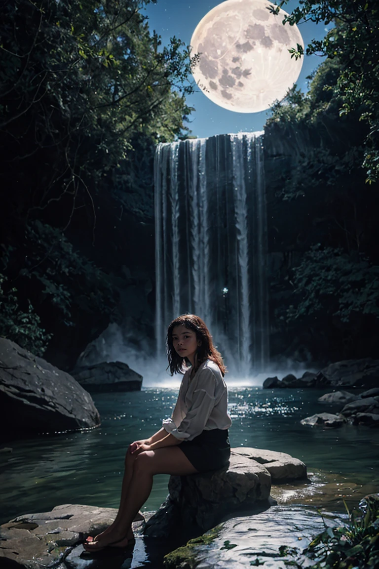shot by Sony a7 IV Mirrorless Camera, natural light, analog film photo, Kodachrome ,in a magical crystal world , a woman is sitting near a waterfall on a full moon night , sparkling and glittering glowing particles in the air , soft bluish glow
