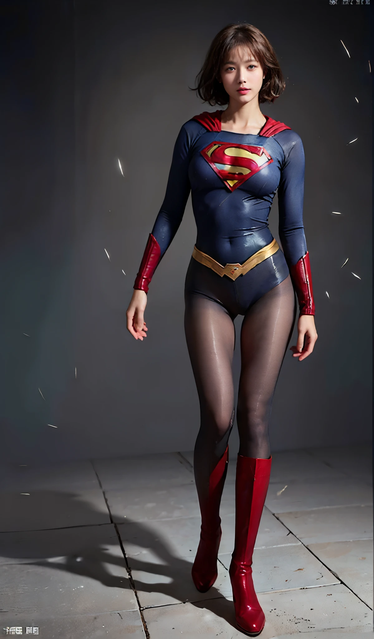 No background、(((Beautiful legs in black tights.)))、(((Legally express the beauty of your smile)))、((((Make the most of your original images)))、(((Supergirl Costume)))、(((Beautiful short bob hair)))、(((suffering)))、(((Please wear black tights....、Wear red boots)))、((Best image quality、8K))、((Highest quality、8K、masterpiece:1.3))、(((Preserve background )))、Sharp focus:1.2、Beautiful woman with perfect figure:1.4、Slim Abs:1.2、Wet body:1.5、Highly detailed face and skin texture、8K