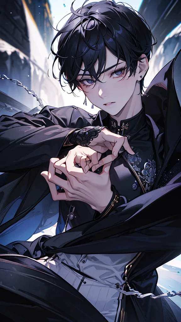 a beautiful young boy with black hair, a pierced ear, and an exaggerated style, (best quality,4k,8k,highres,masterpiece:1.2),ultra-detailed,(realistic,photorealistic,photo-realistic:1.37),1boy,beautiful detailed eyes,beautiful detailed lips,extremely detailed eyes and face,long eyelashes,pierced ear,black hair,anime style,cute,exaggerated features,colorful,vibrant colors,dramatic lighting,moody atmosphere,intricate details