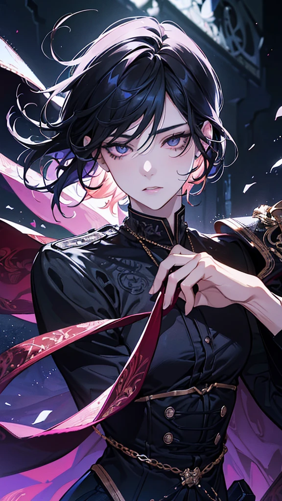 a beautiful young boy with black hair, a pierced ear, and an exaggerated style, (best quality,4k,8k,highres,masterpiece:1.2),ultra-detailed,(realistic,photorealistic,photo-realistic:1.37),1boy,beautiful detailed eyes,beautiful detailed lips,extremely detailed eyes and face,long eyelashes,pierced ear,black hair,anime style,cute,exaggerated features,colorful,vibrant colors,dramatic lighting,moody atmosphere,intricate details