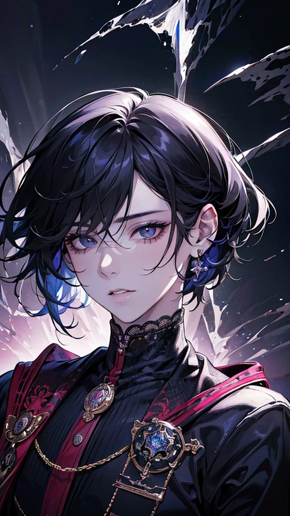 a beautiful young boy with black hair, a pierced ear, and an exaggerated style, (best quality,4k,8k,highres,masterpiece:1.2),ultra-detailed,(realistic,photorealistic,photo-realistic:1.37),1boy,beautiful detailed eyes,beautiful detailed lips,extremely detailed eyes and face,long eyelashes,pierced ear,black hair,anime style,cute,exaggerated features,colorful,vibrant colors,dramatic lighting,moody atmosphere,intricate details