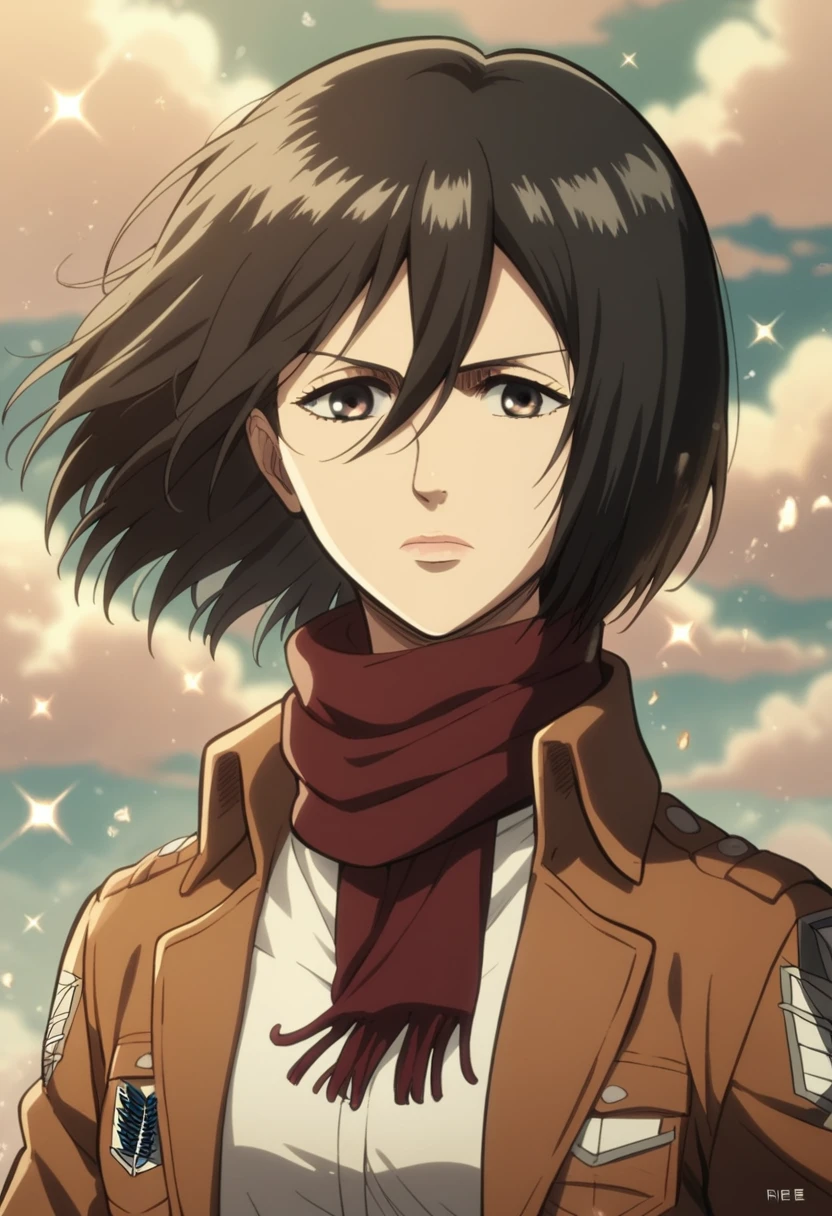 1girl, solo, looking at viewer, short hair, bangs, shirt, black hair, hair between eyes, brown eyes, closed mouth, jacket, white shirt, upper body, artist name, scarf, open jacket, lips, wind, portrait, red scarf, brown jacket, nose, emblem, paradis military uniform, embers, survey corps (emblem), mikasa ackerman, , sparkle
