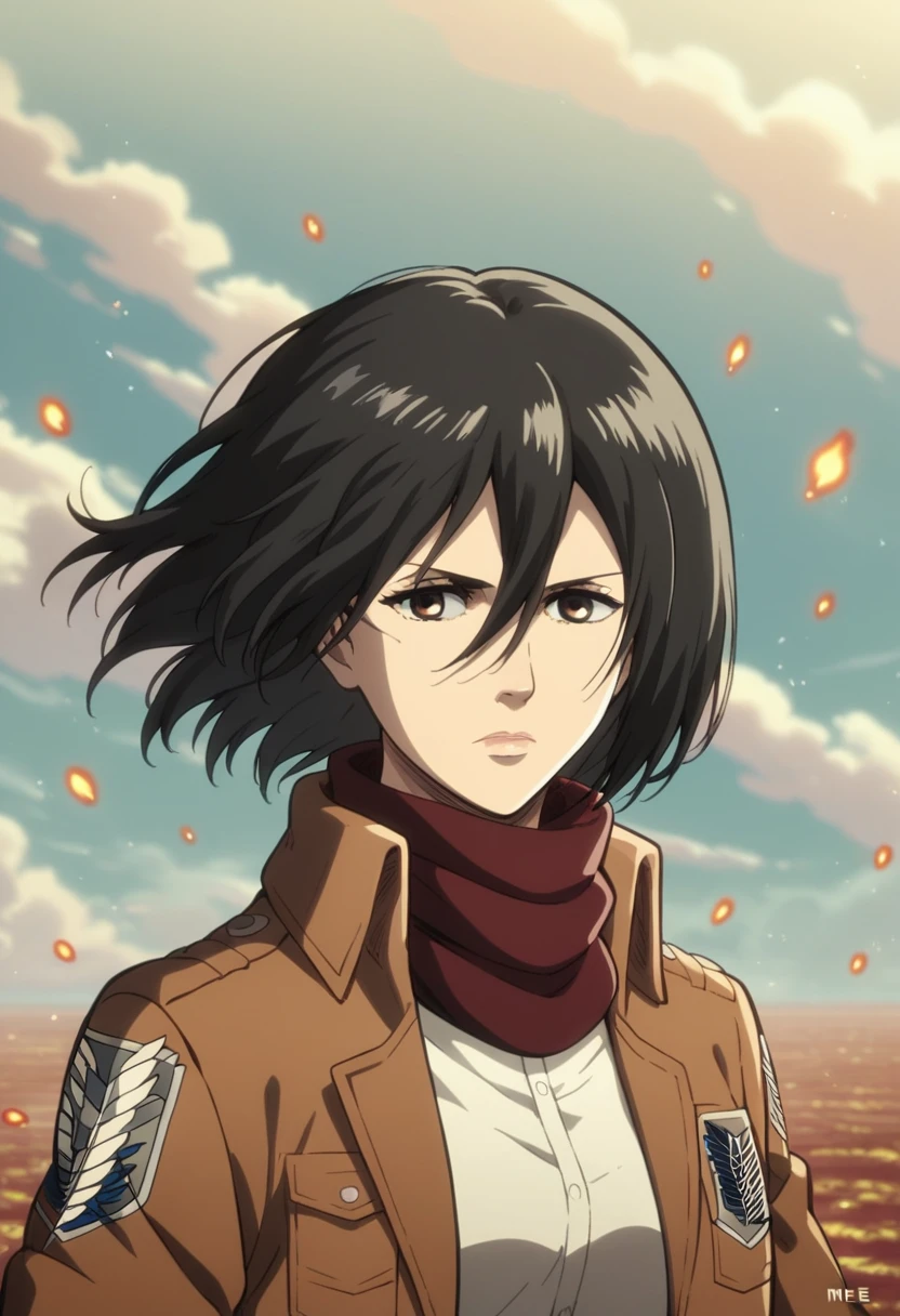 1girl, solo, looking at viewer, short hair, bangs, shirt, black hair, hair between eyes, brown eyes, closed mouth, jacket, white shirt, upper body, artist name, scarf, open jacket, lips, wind, portrait, red scarf, brown jacket, nose, emblem, paradis military uniform, embers, survey corps (emblem), mikasa ackerman, , sparkle
