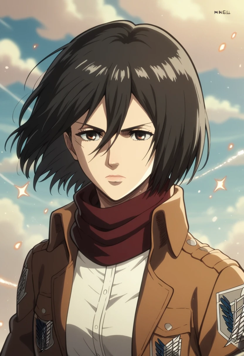 1girl, solo, looking at viewer, short hair, bangs, shirt, black hair, hair between eyes, brown eyes, closed mouth, jacket, white shirt, upper body, artist name, scarf, open jacket, lips, wind, portrait, red scarf, brown jacket, nose, emblem, paradis military uniform, embers, survey corps (emblem), mikasa ackerman, , sparkle
