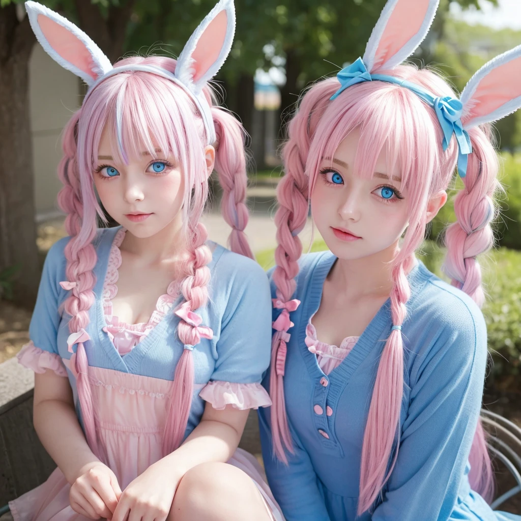 Blue eyes with pink pupils, Half-closed eyes, Light blue hair in twin tails with pink tips。She has bunny ears, Bunny girl