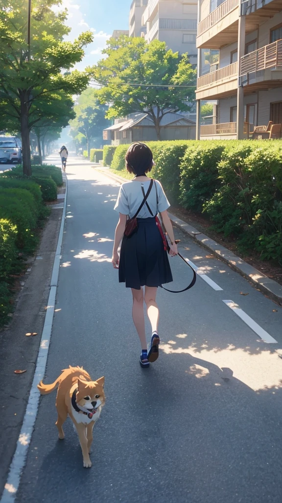 anime girl walking her dog on a leash on a sunny day, a picture by Makoto Shinkai, pixiv, happening, makoto shinkai!!, in style of makoto shinkai, makoto shinkai!, style of makoto shinkai, anime. by makoto shinkai, makoto shinkai art style, ( ( makoto shinkai ) )