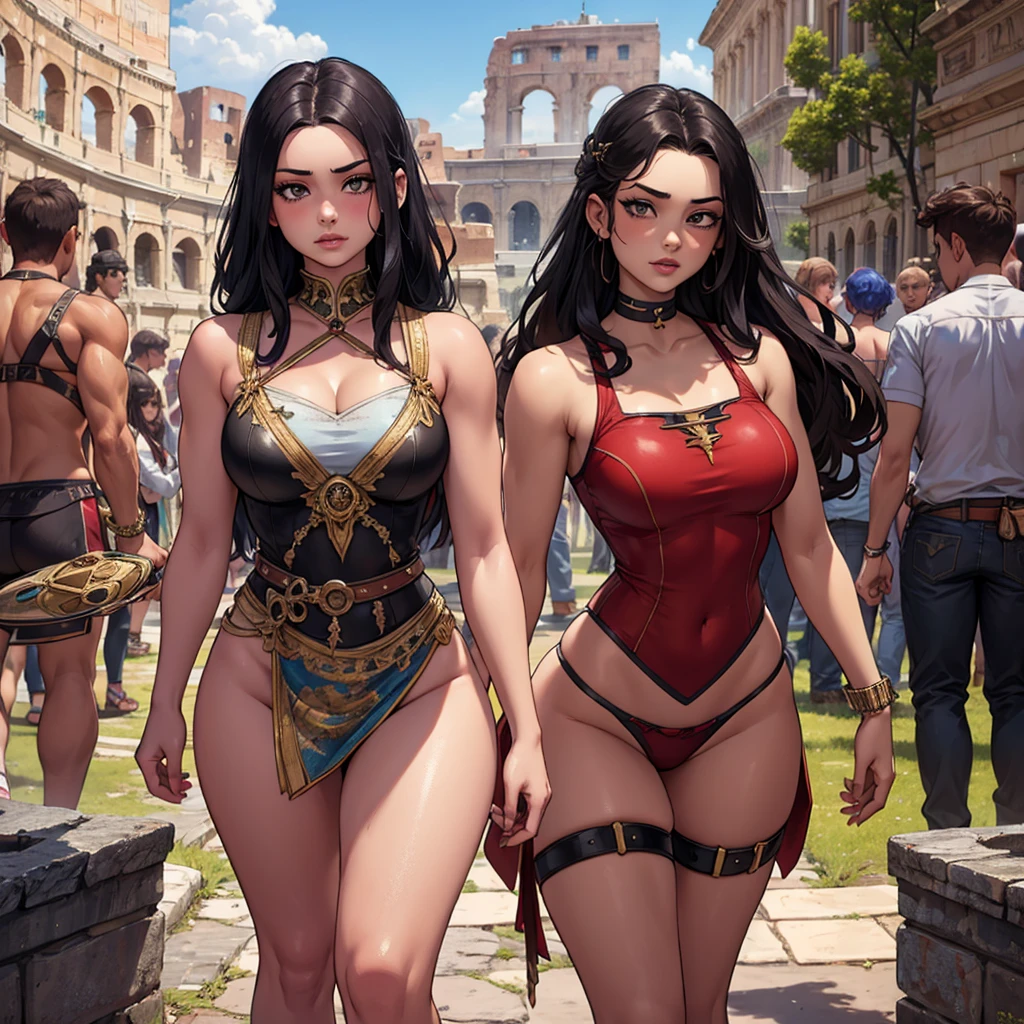 ancient rome, roman villa background, group of young girls, female gladiators, young, s, muscular, athletic, buff, attractive, curvy, powerful, varied ethnicities,